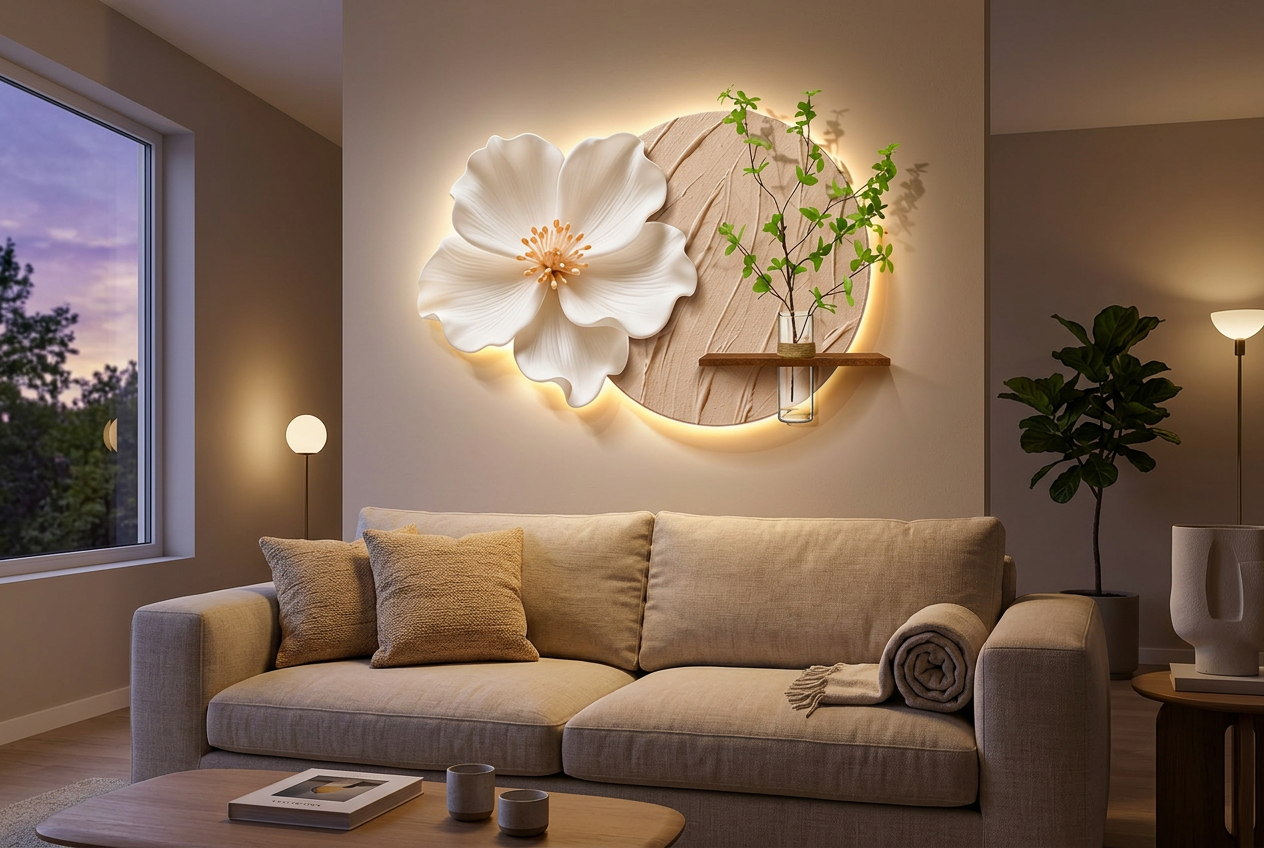 The Bloom of Stillness LED wall art glowing in an interior setting 1