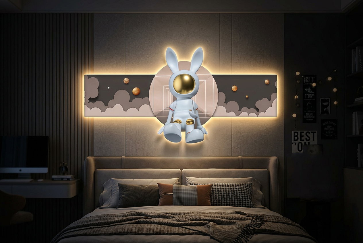 The Cosmic Companion LED wall art glowing in an interior setting 2