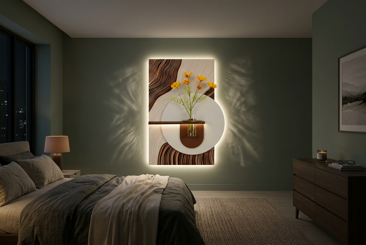 The Nacha Bloom LED wall art glowing in an interior setting 3