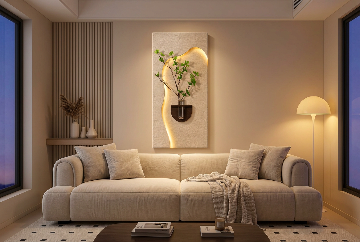 The Quiet Ascent LED wall art glowing in an interior setting 1