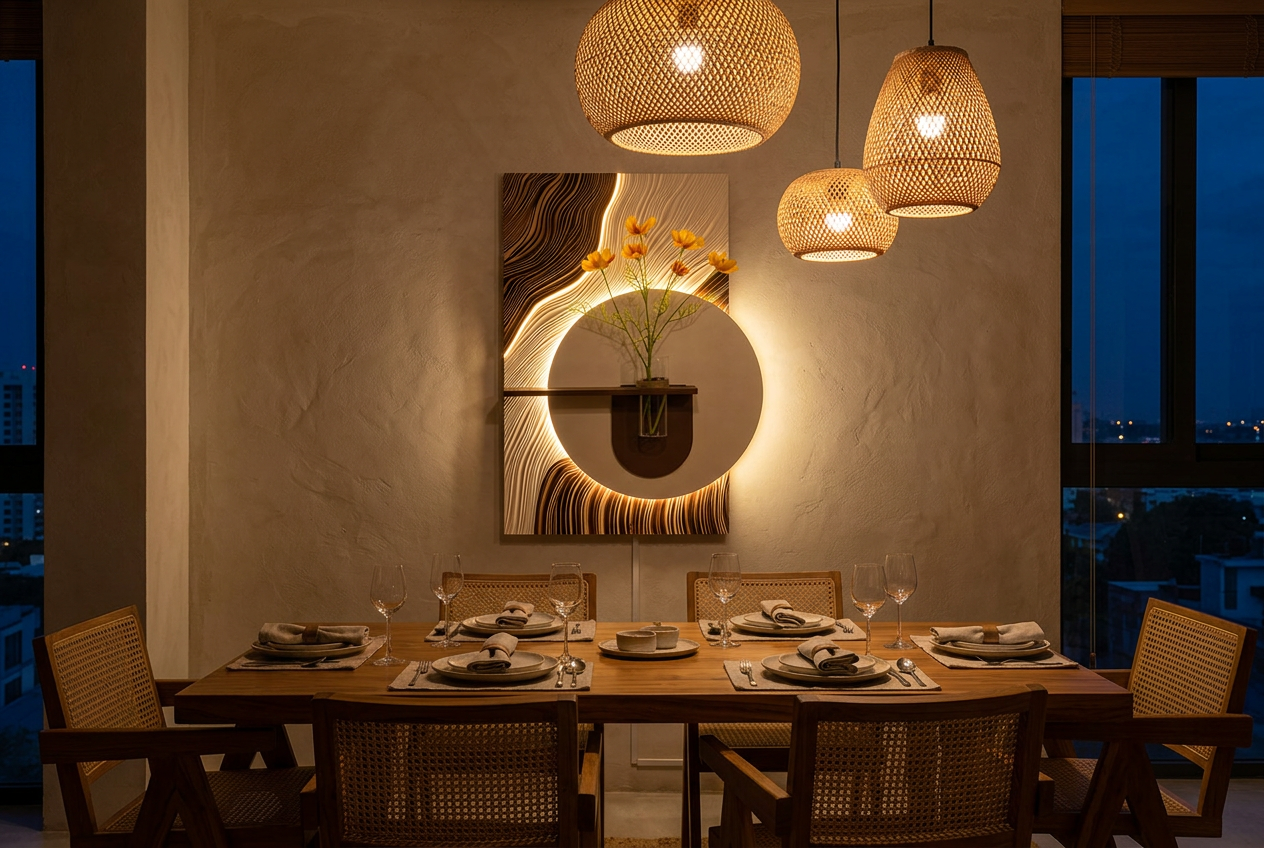 The Nacha Bloom LED wall art glowing in an interior setting 2