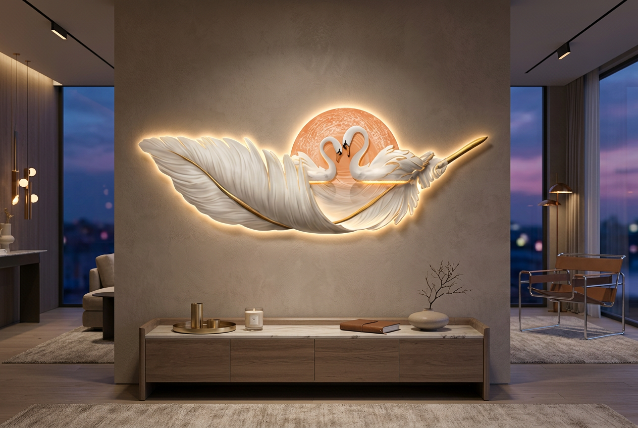The Serenity Swan LED wall art glowing in an interior setting 2