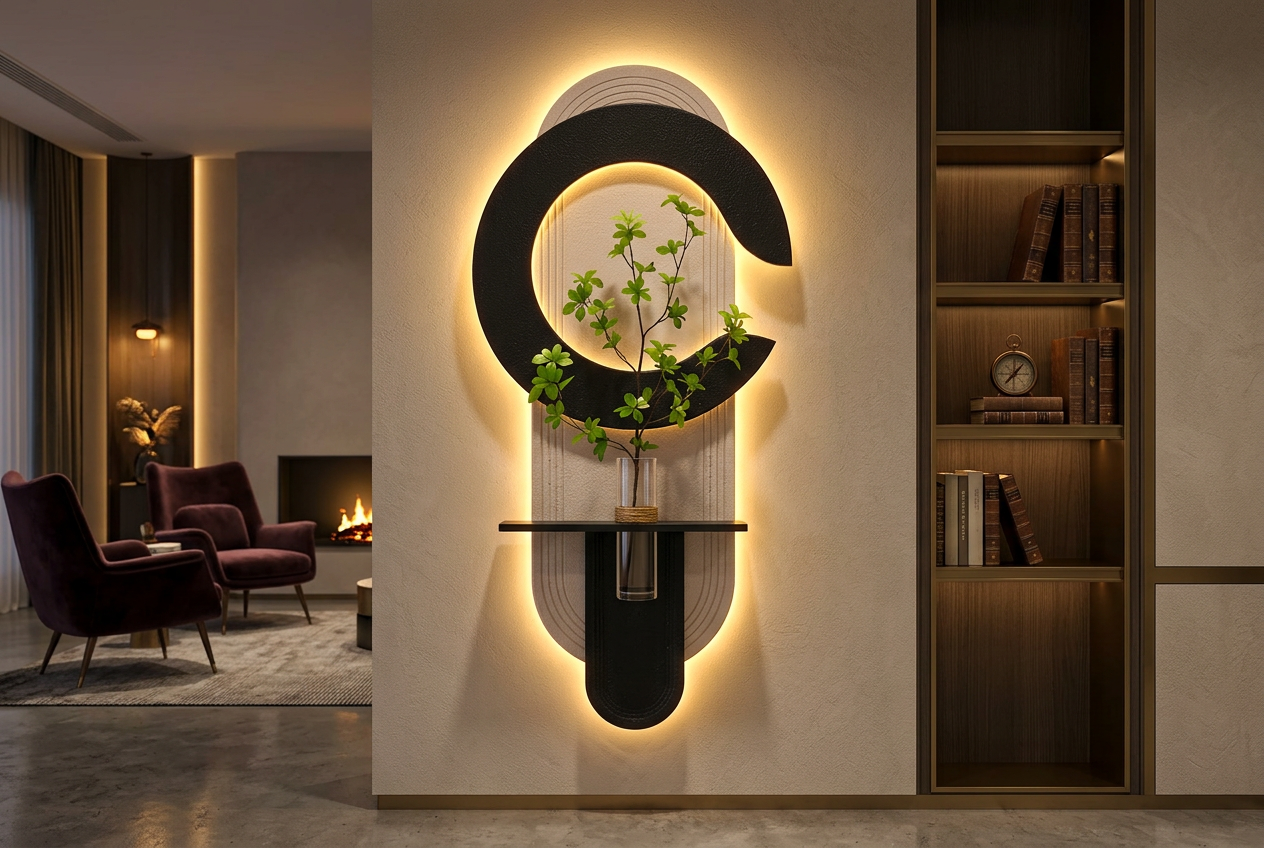 The Orbital Balance LED wall art glowing in an interior setting 3