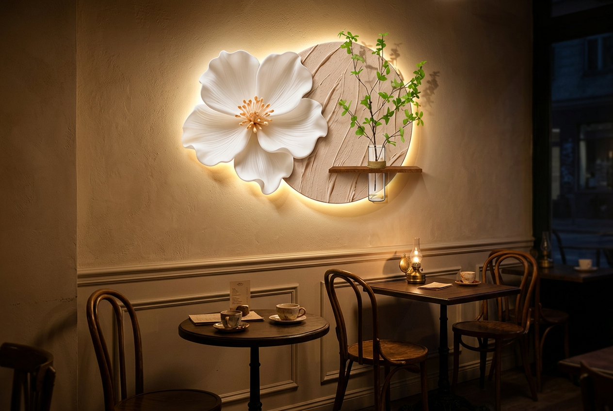 The Bloom of Stillness LED wall art glowing in an interior setting 3
