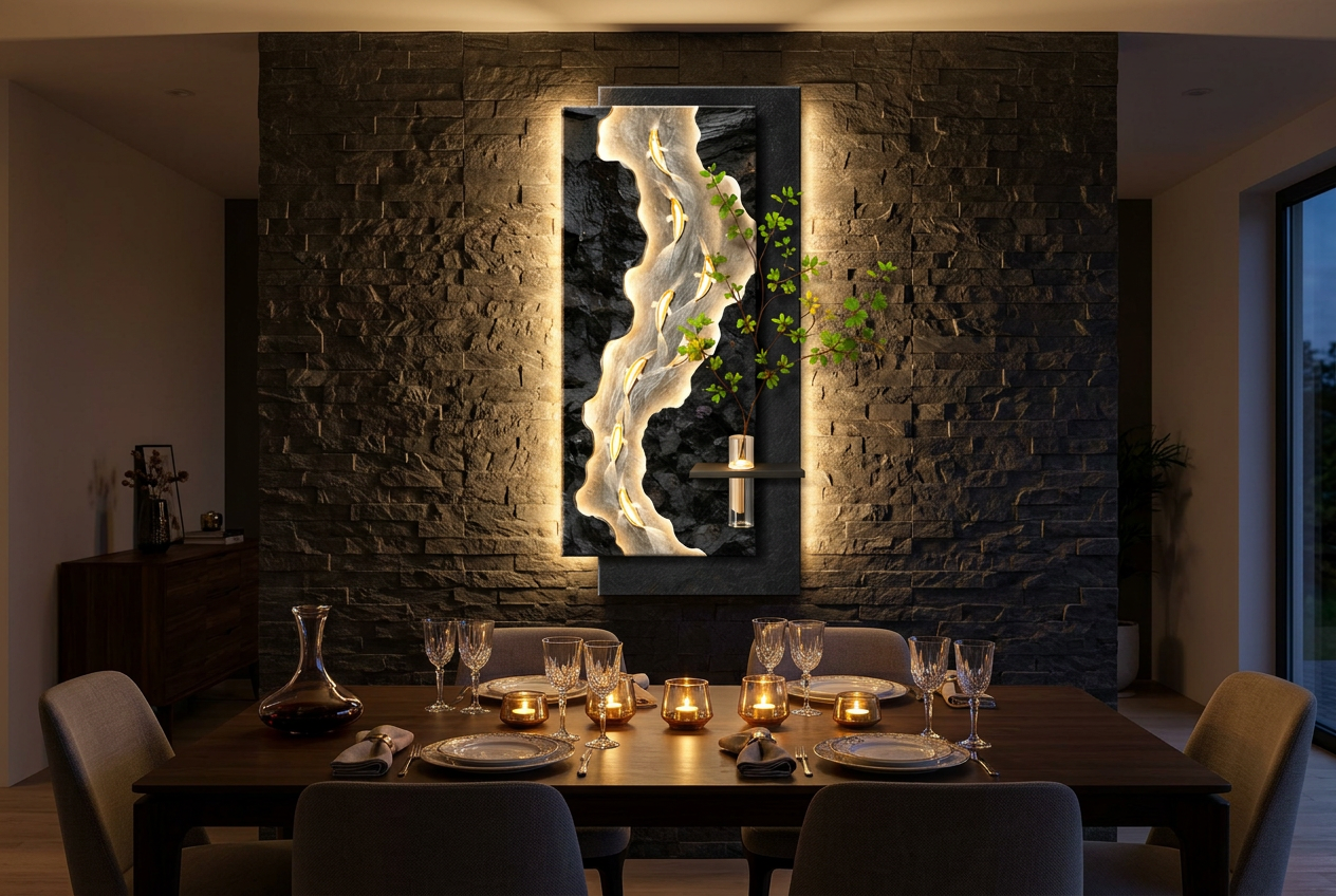 The Ignis Flow LED wall art glowing in an interior setting 2