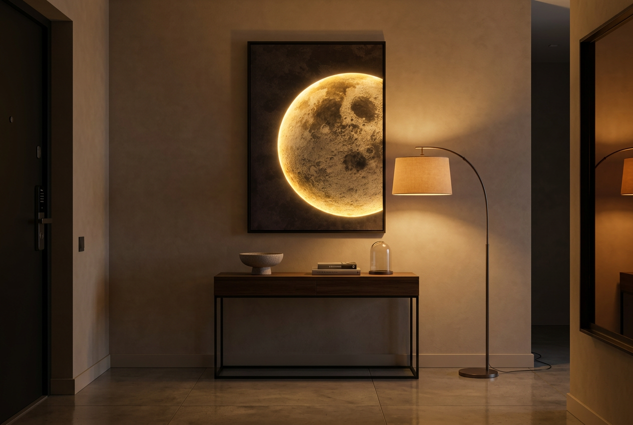 The Lunar Texture LED wall art glowing in an interior setting 3