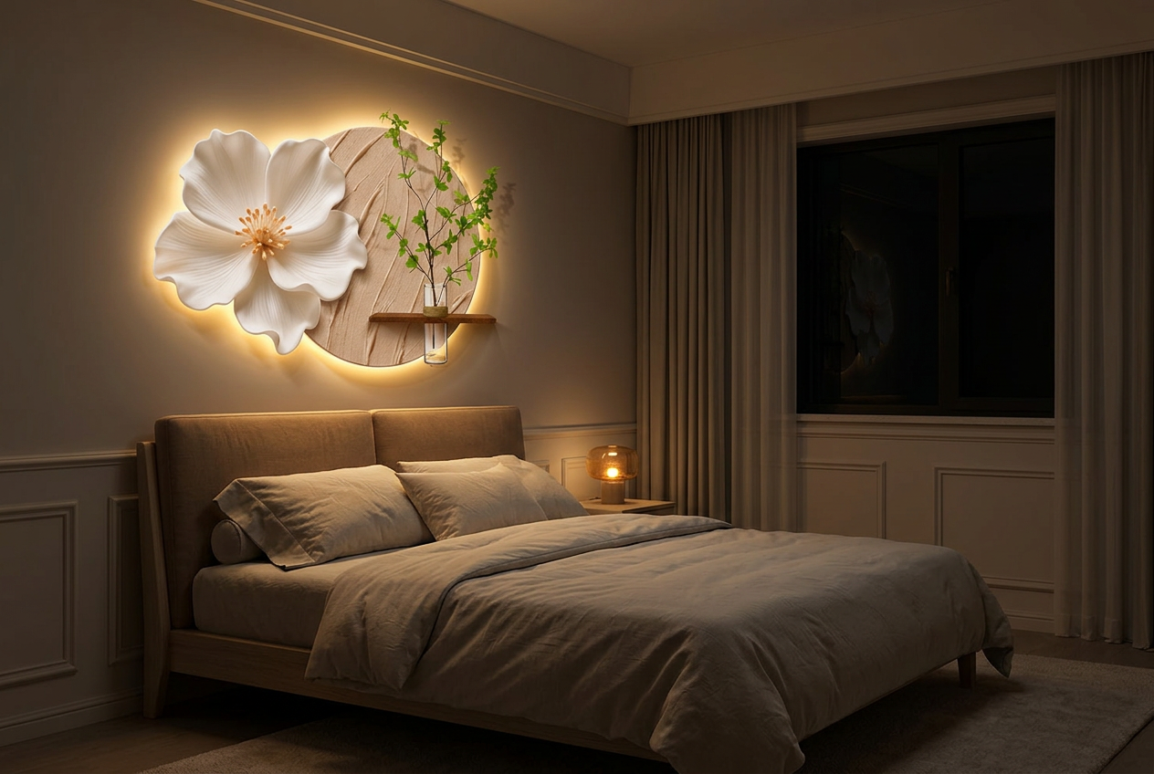 The Bloom of Stillness LED wall art glowing in an interior setting 2