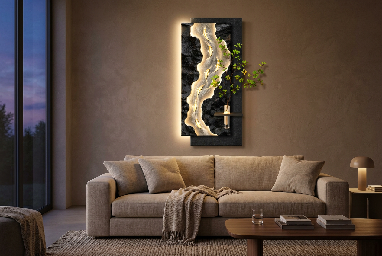 The Ignis Flow LED wall art glowing in an interior setting 1