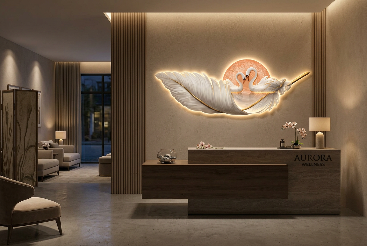 The Serenity Swan LED wall art glowing in an interior setting 3