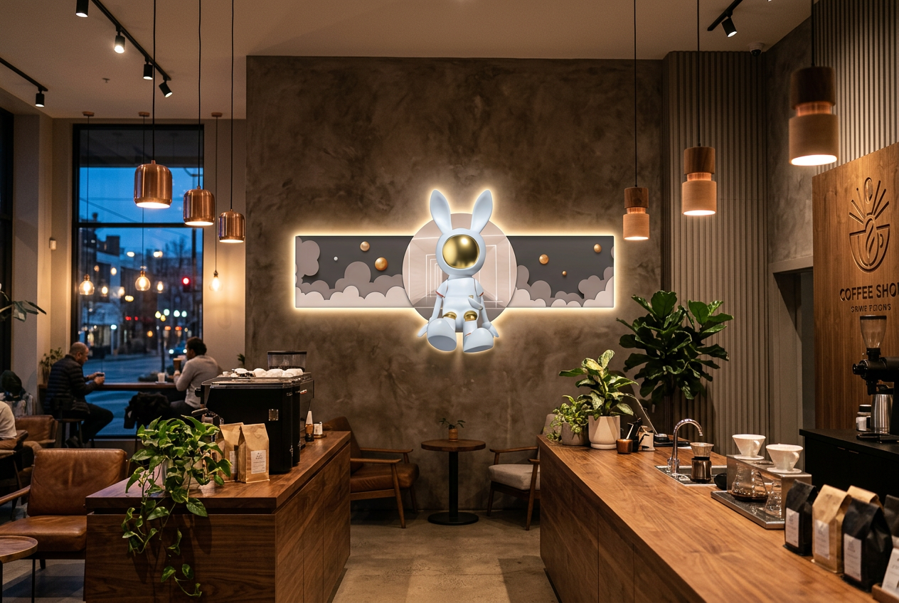 The Cosmic Companion LED wall art glowing in an interior setting 3
