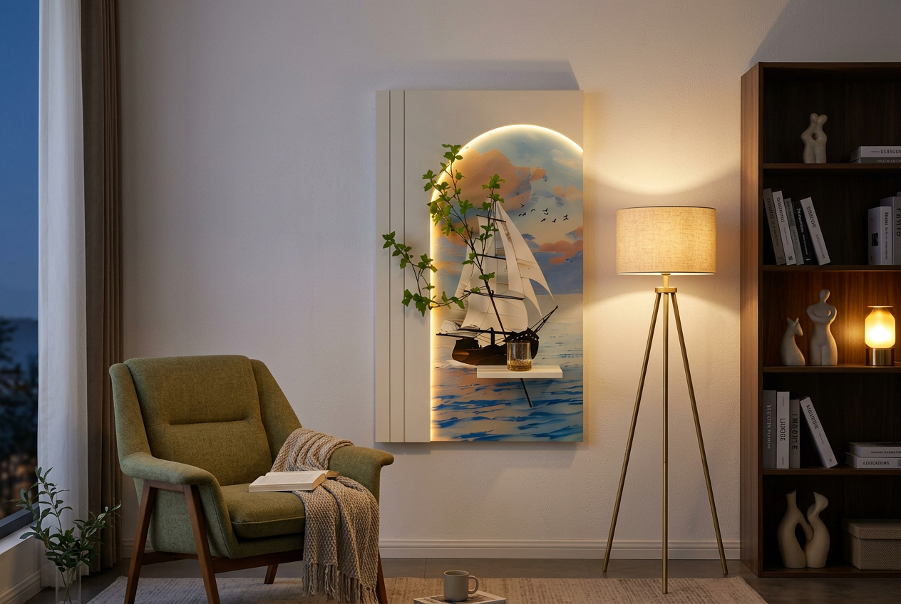 The Horizon Vessel LED wall art glowing in an interior setting 3