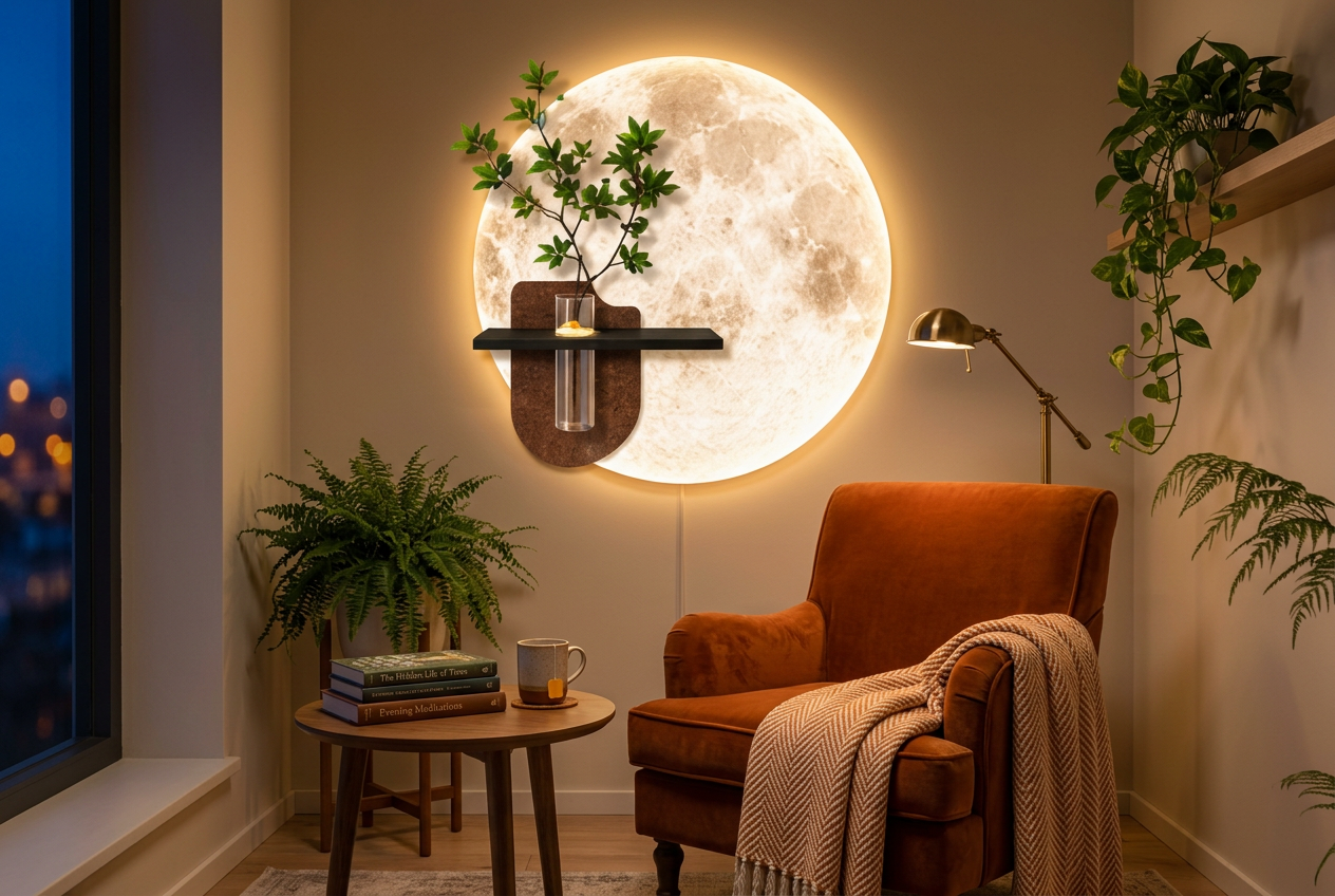 The Lunar Sanctuary LED wall art glowing in an interior setting 2