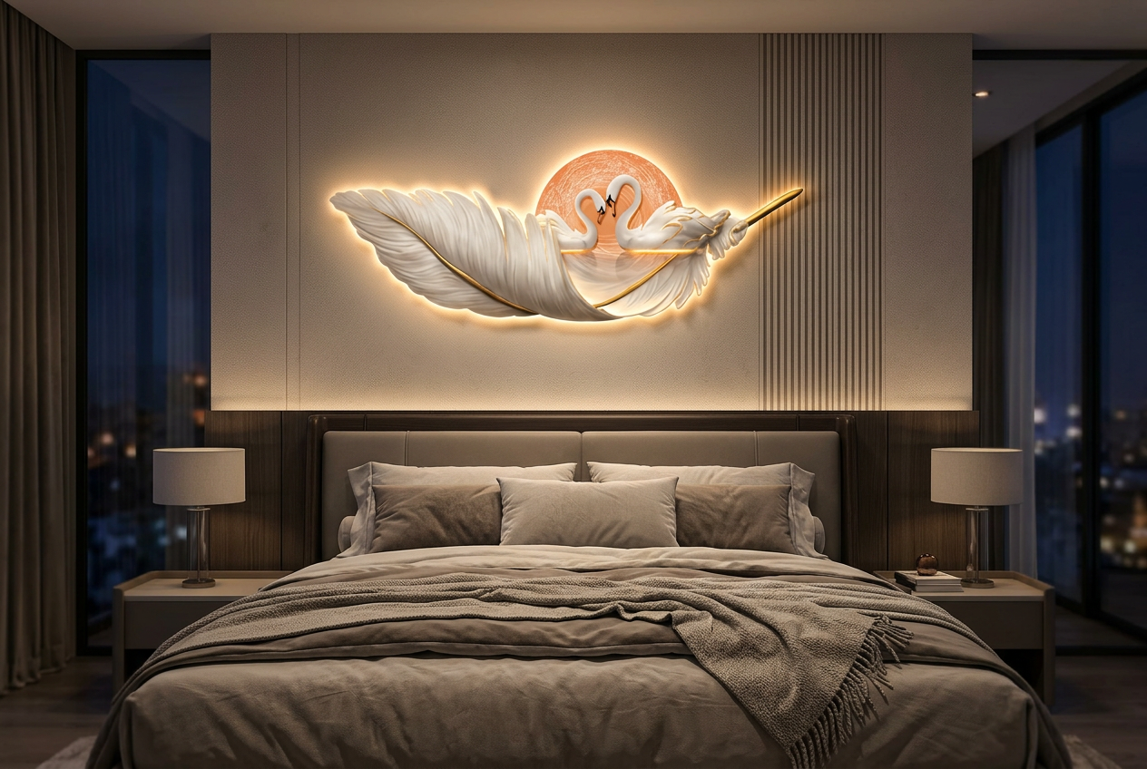 The Serenity Swan LED wall art glowing in an interior setting 1