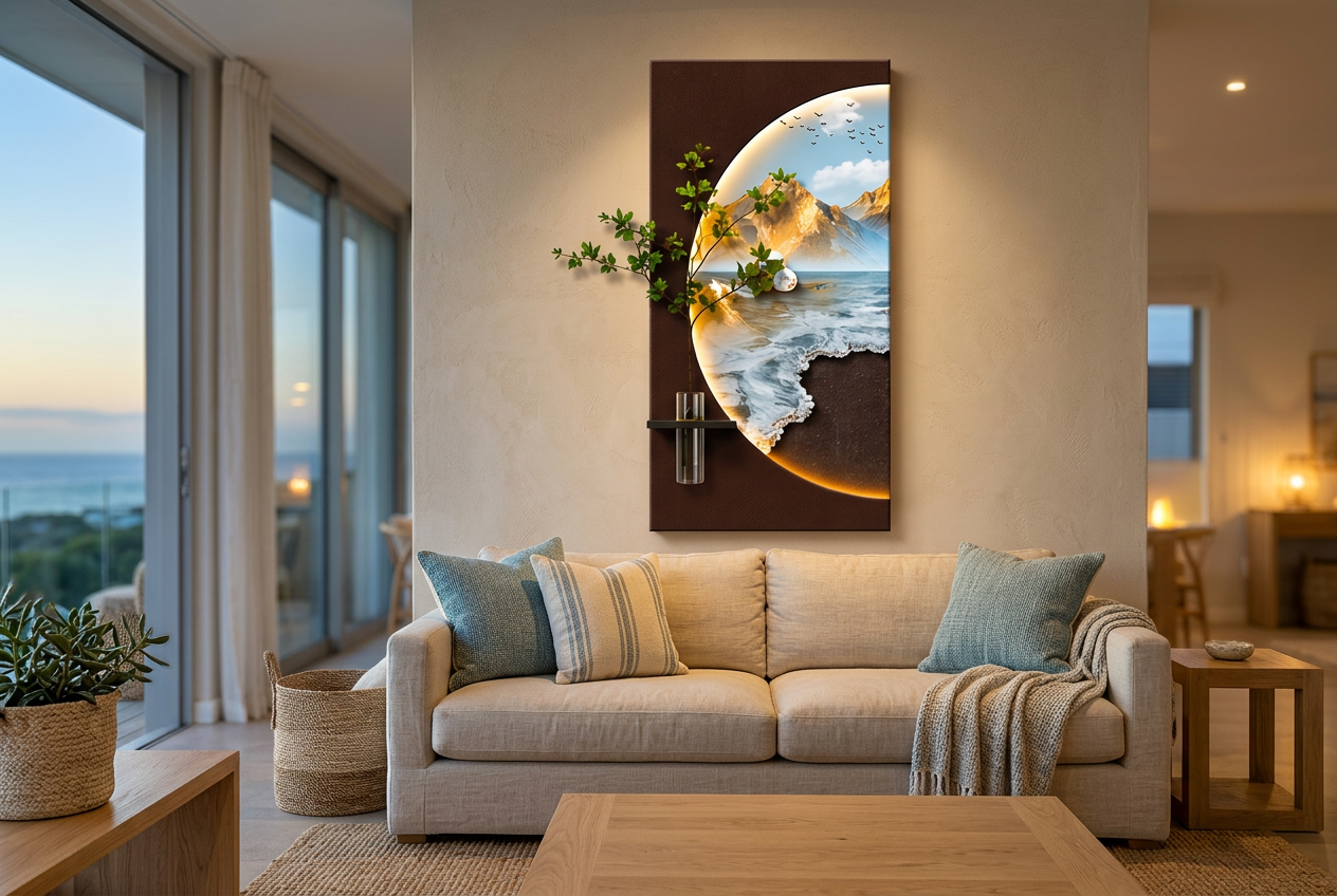 The Coastal Reverie LED wall art glowing in an interior setting 1