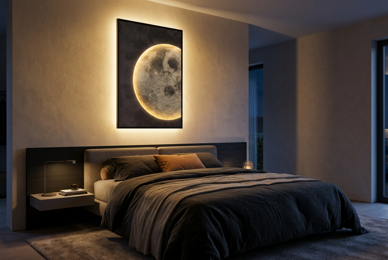 The Lunar Texture LED wall art glowing in an interior setting 2