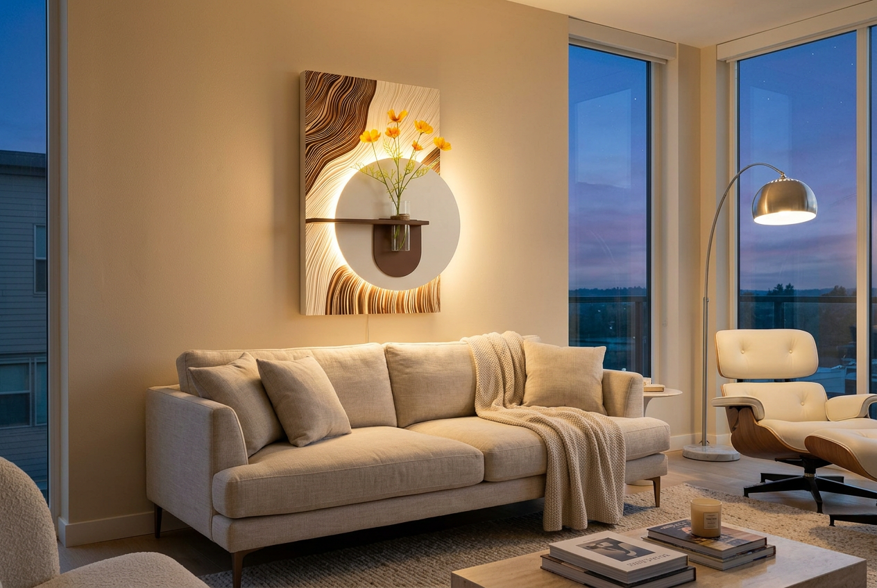 The Nacha Bloom LED wall art glowing in an interior setting 1