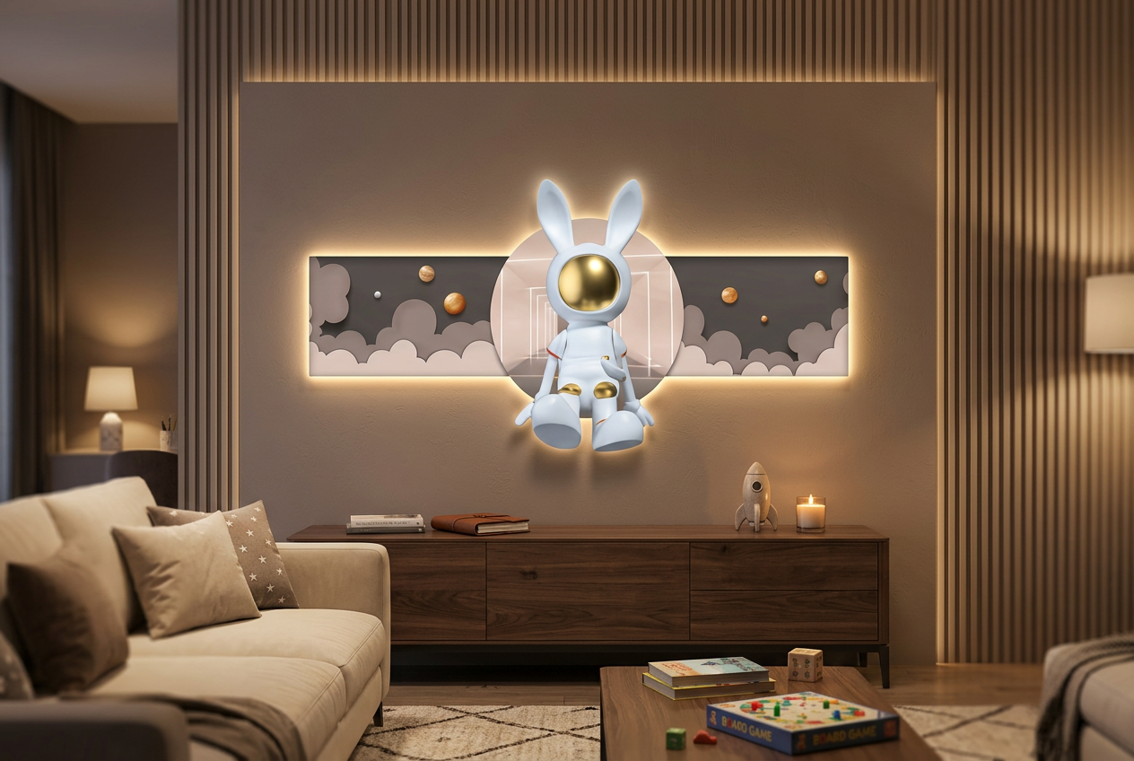 The Cosmic Companion LED wall art glowing in an interior setting 1