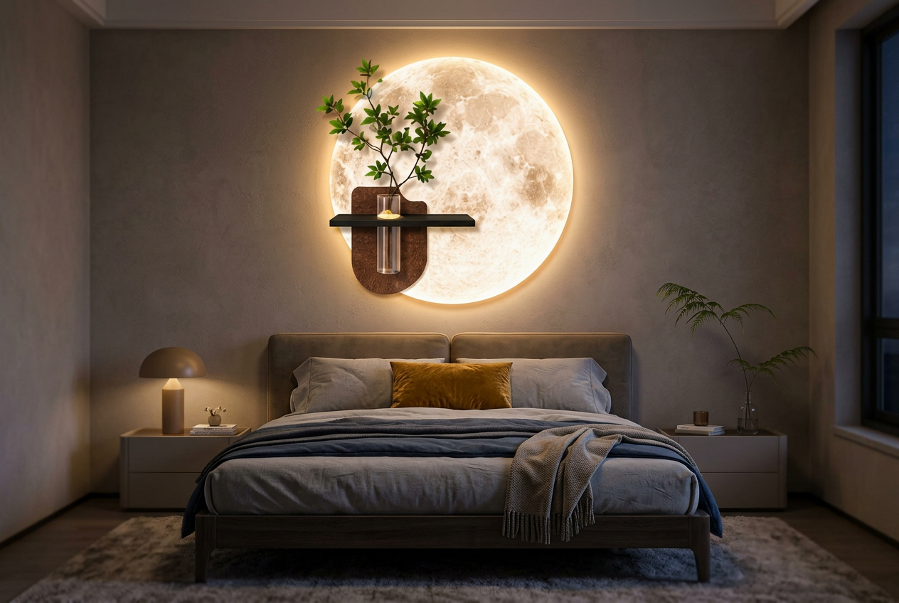 The Lunar Sanctuary LED wall art glowing in an interior setting 1