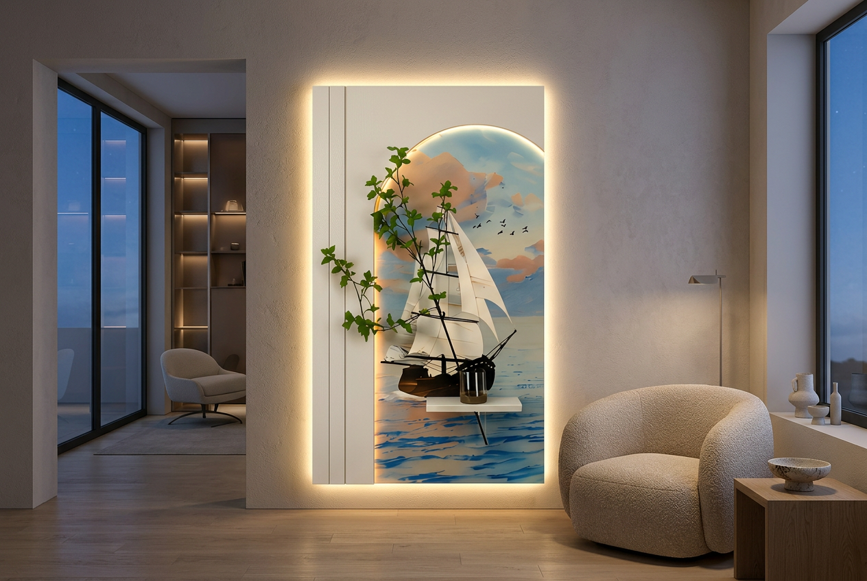 The Horizon Vessel LED wall art glowing in an interior setting 1