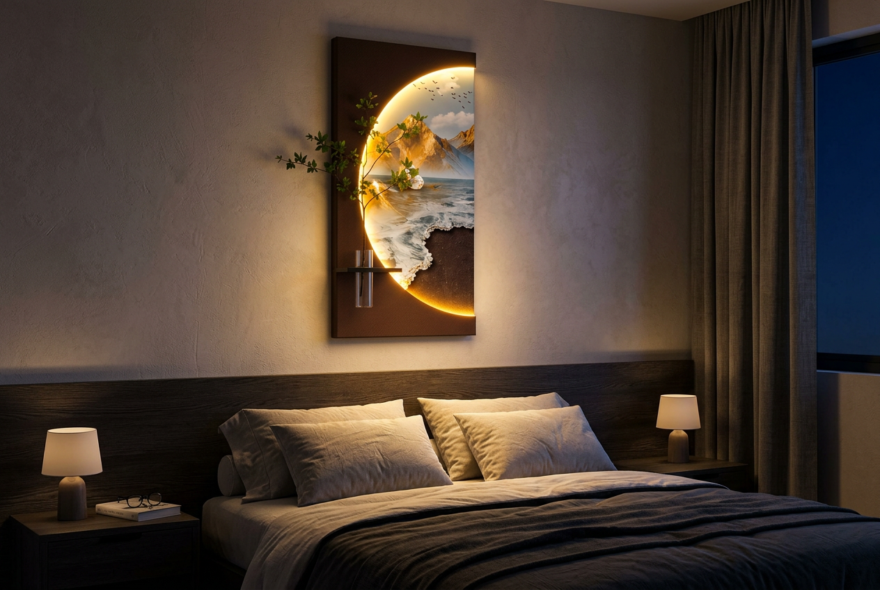 The Coastal Reverie LED wall art glowing in an interior setting 2