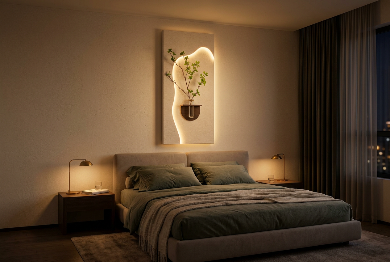 The Quiet Ascent LED wall art glowing in an interior setting 2