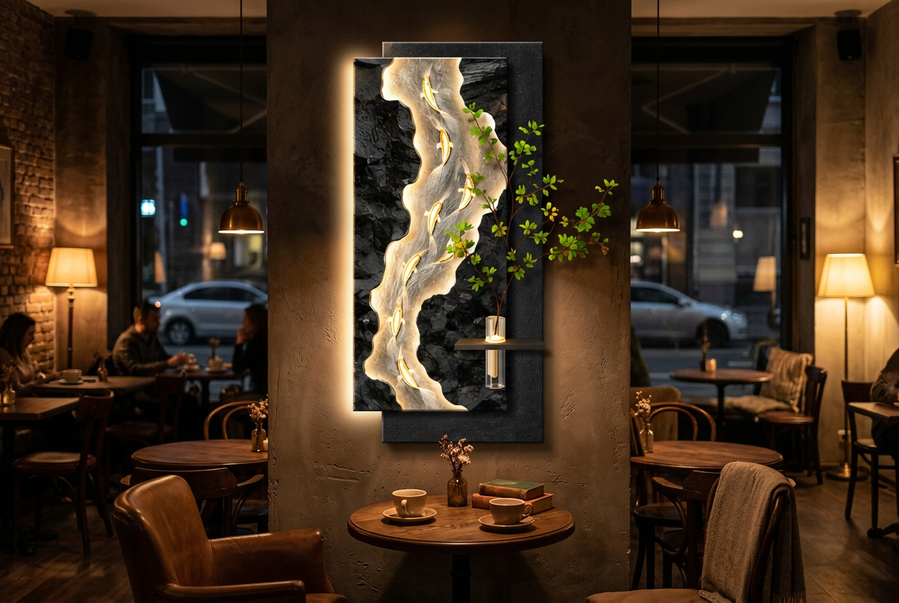 The Ignis Flow LED wall art glowing in an interior setting 3