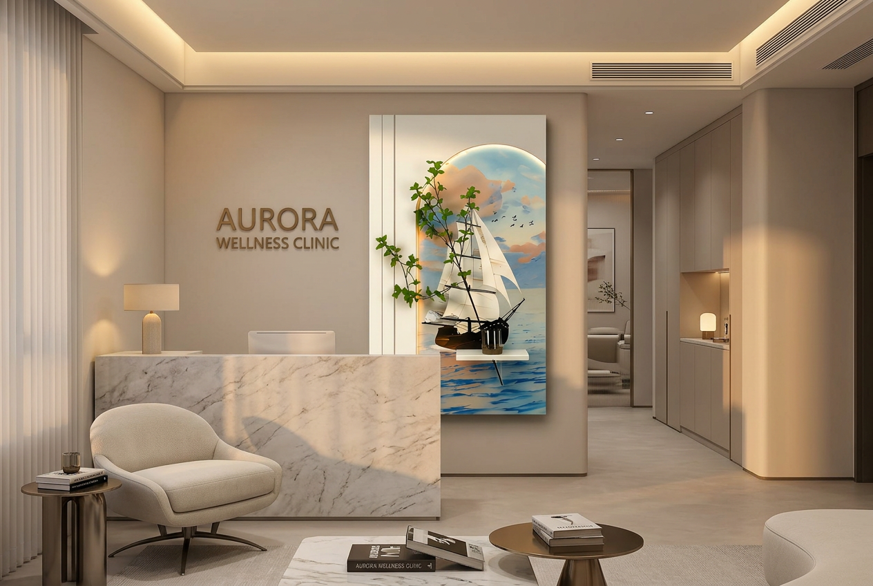 The Horizon Vessel LED wall art glowing in an interior setting 2