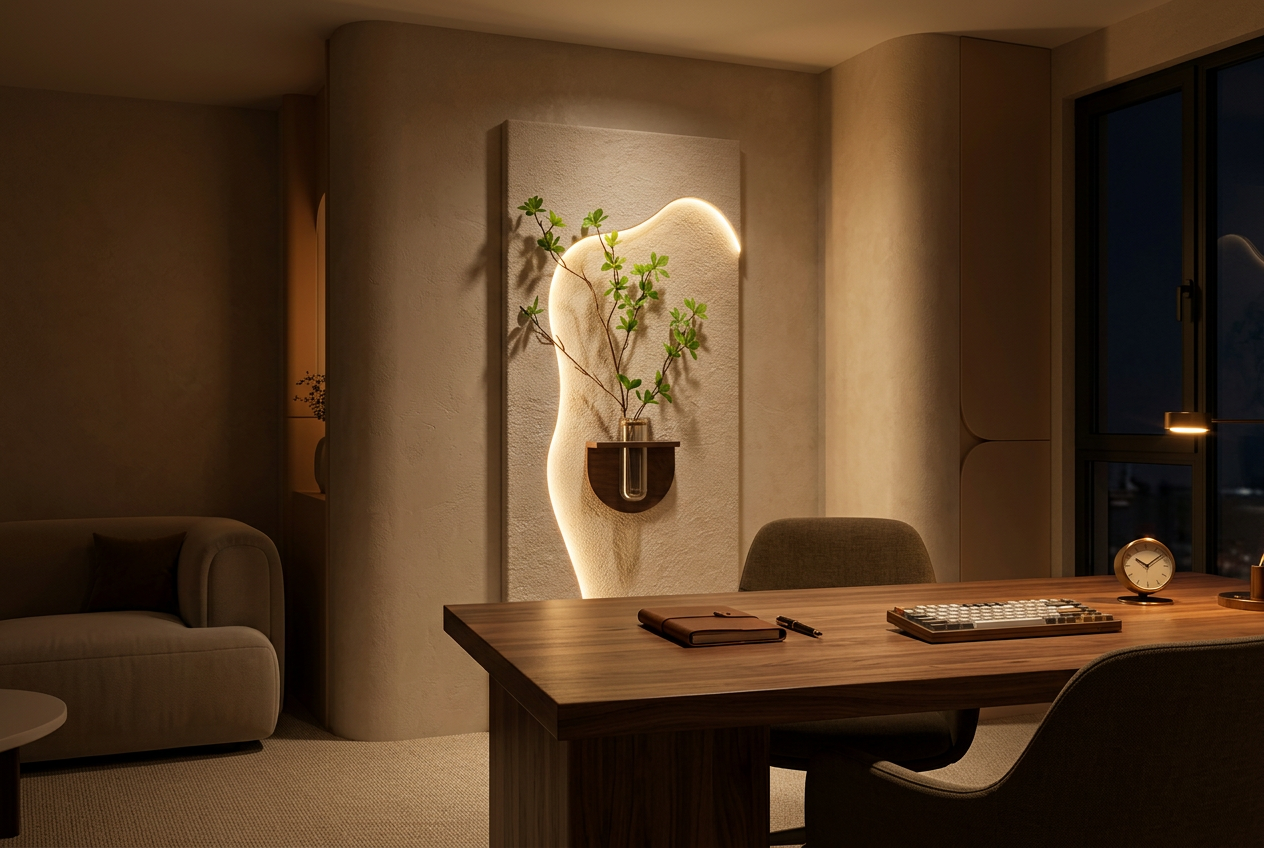 The Quiet Ascent LED wall art glowing in an interior setting 3