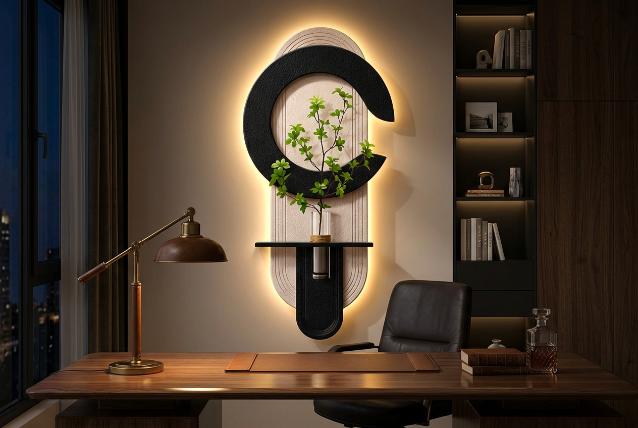 The Orbital Balance LED wall art glowing in an interior setting 2