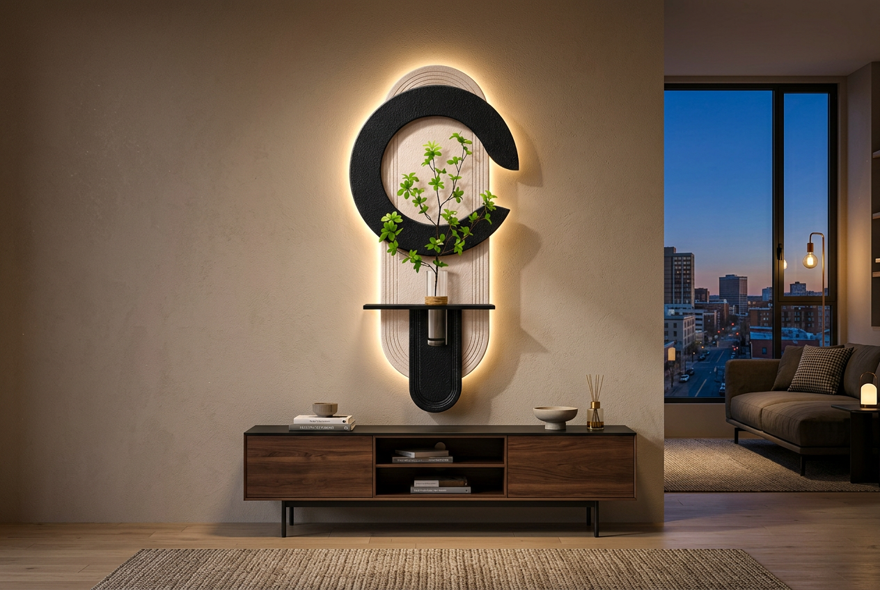 The Orbital Balance LED wall art glowing in an interior setting 1
