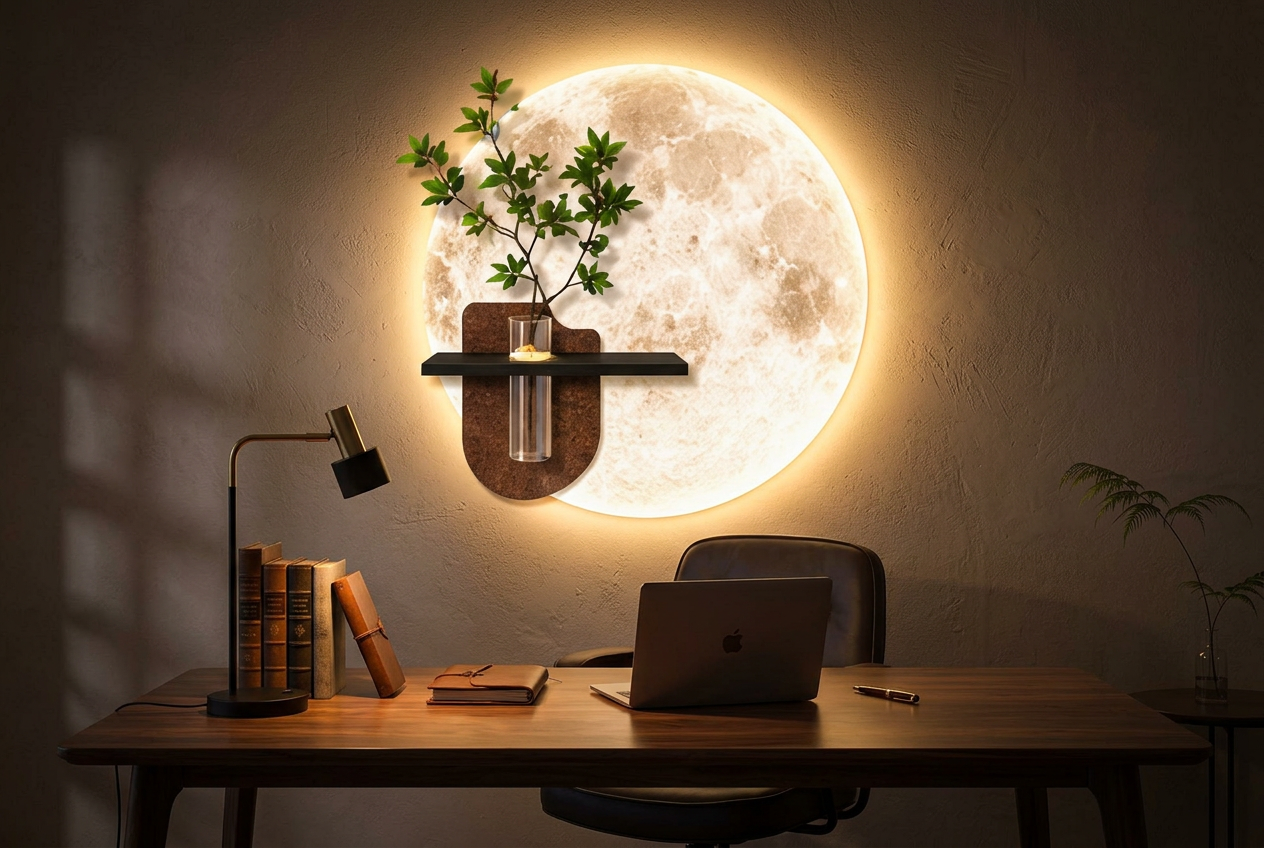 The Lunar Sanctuary LED wall art glowing in an interior setting 3