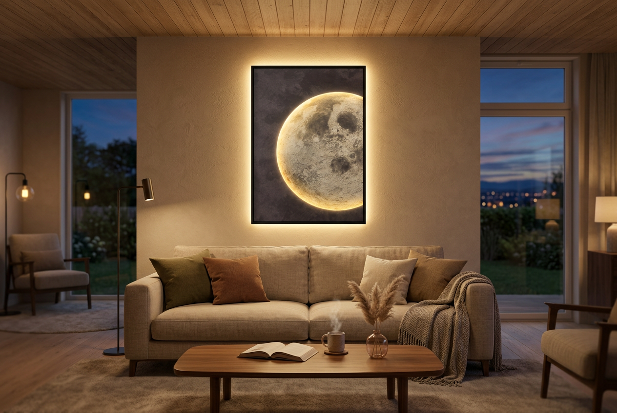 The Lunar Texture LED wall art glowing in an interior setting 1