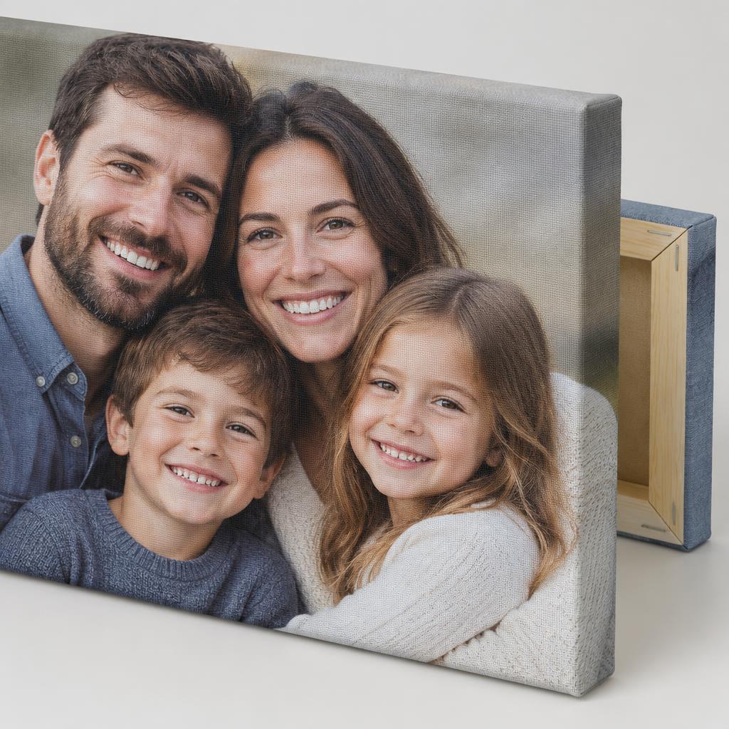 Family portrait printed on polyester canvas with wooden stretcher frame