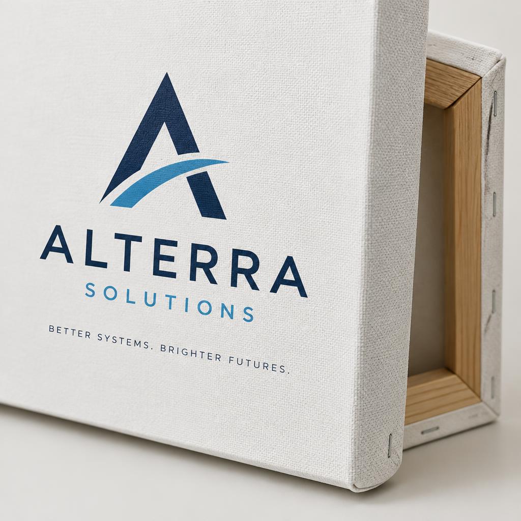 Brand and logo printed on polyester canvas with wooden stretcher frame