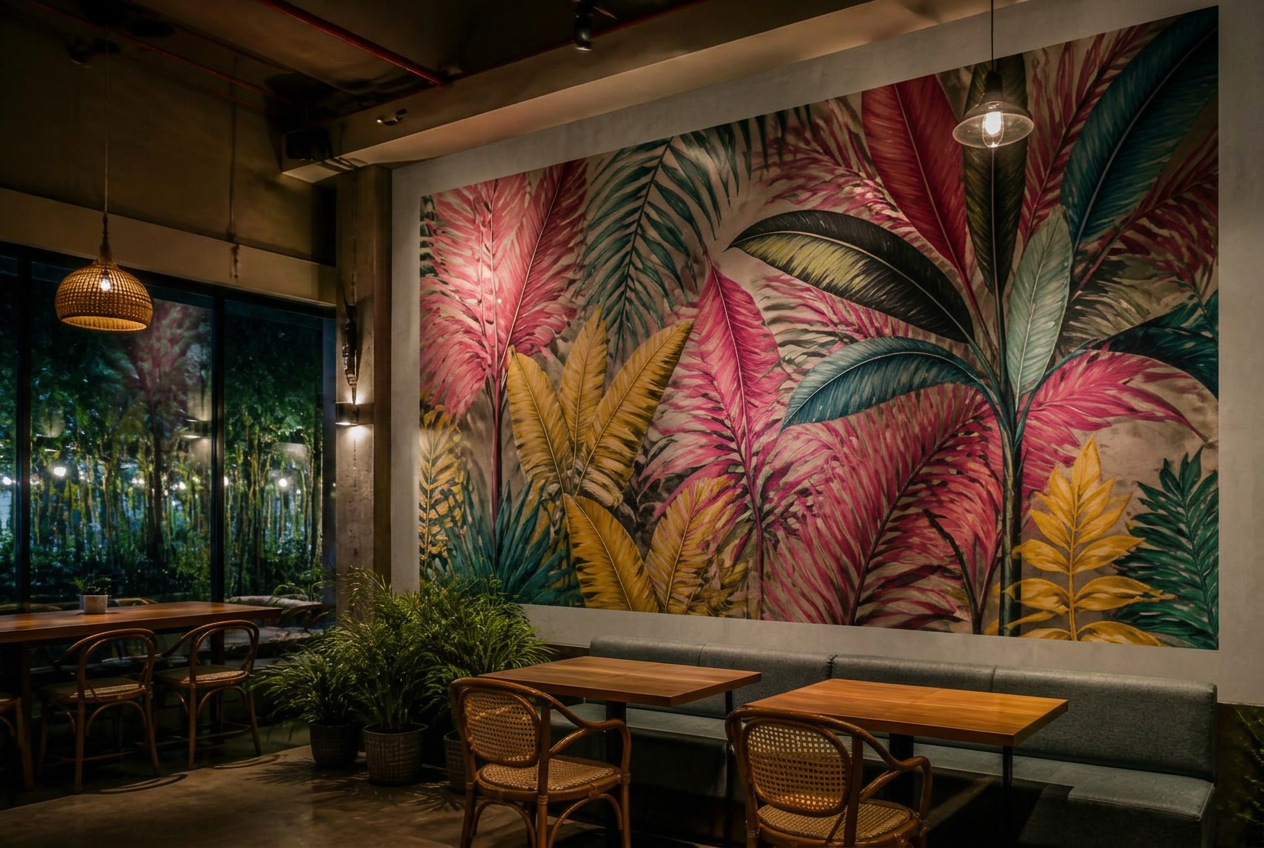 Hyperrealistic printed tropical mural on a concrete cafe wall in the Philippines
